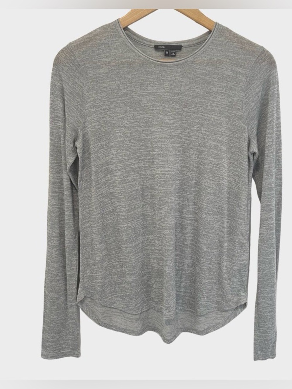 VINCE long sleeve crew neck heather grey slub t shirt, size medium